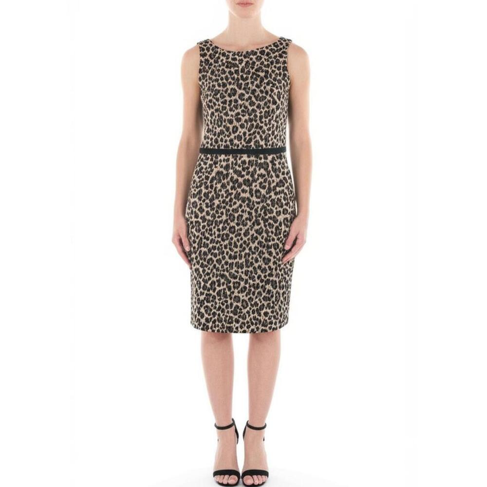ANN TAYLOR LOFT‎ Womens 10P Leopard Print Sleeveless Dress Black Trim Kick Pleat